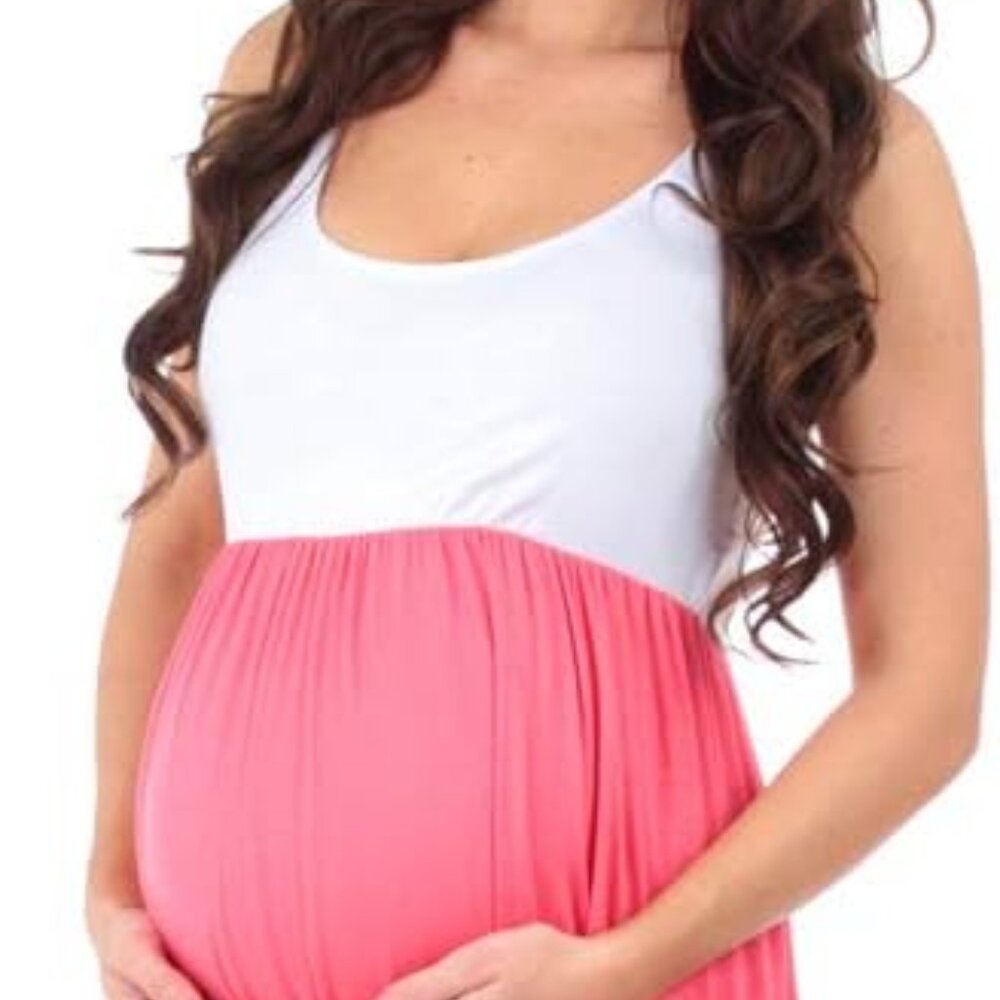 *Maternity* Sleeveless Ruched Waist Color Block Maxi Dress